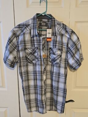 NWT BKE Men's Short Sleeve Plaid Button-Down Shirt - White & Gray Size XL